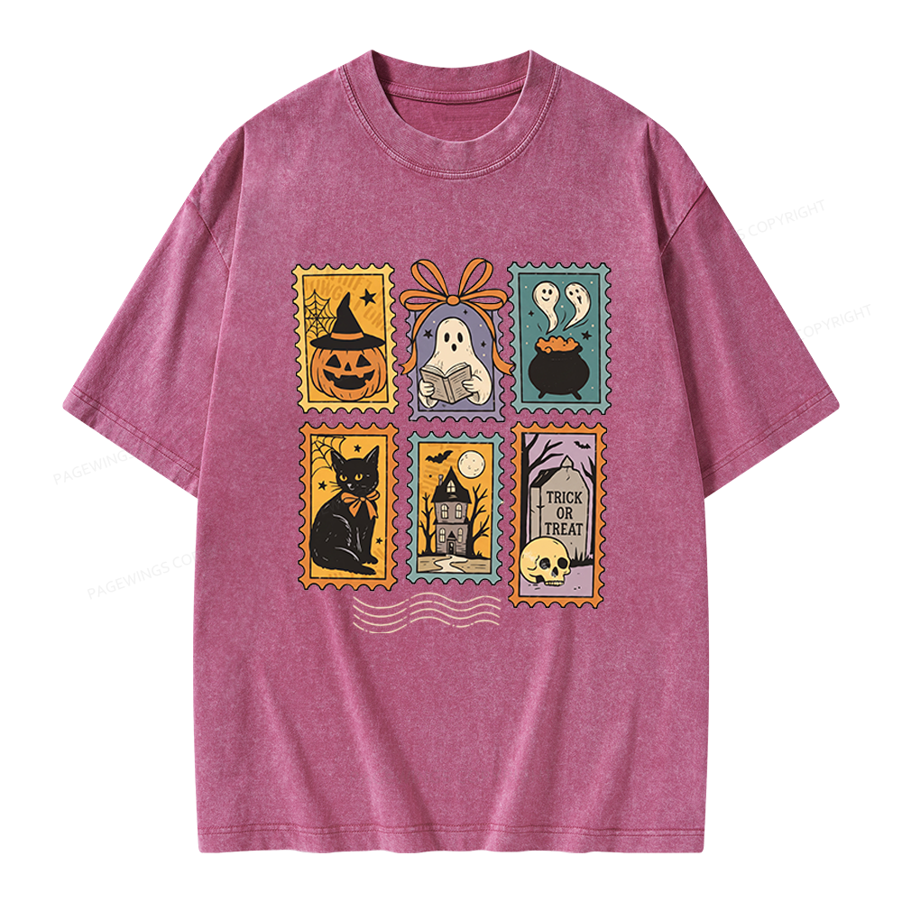 Pagewings Halloween Cute Ghost Pumpkin Cat Unisex Washed T-shirt