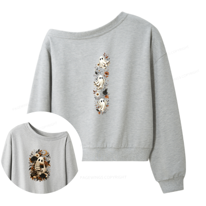 17173Pagewings Halloween Floral Ghost Bookish Women Off Shoulder Sweatshirt