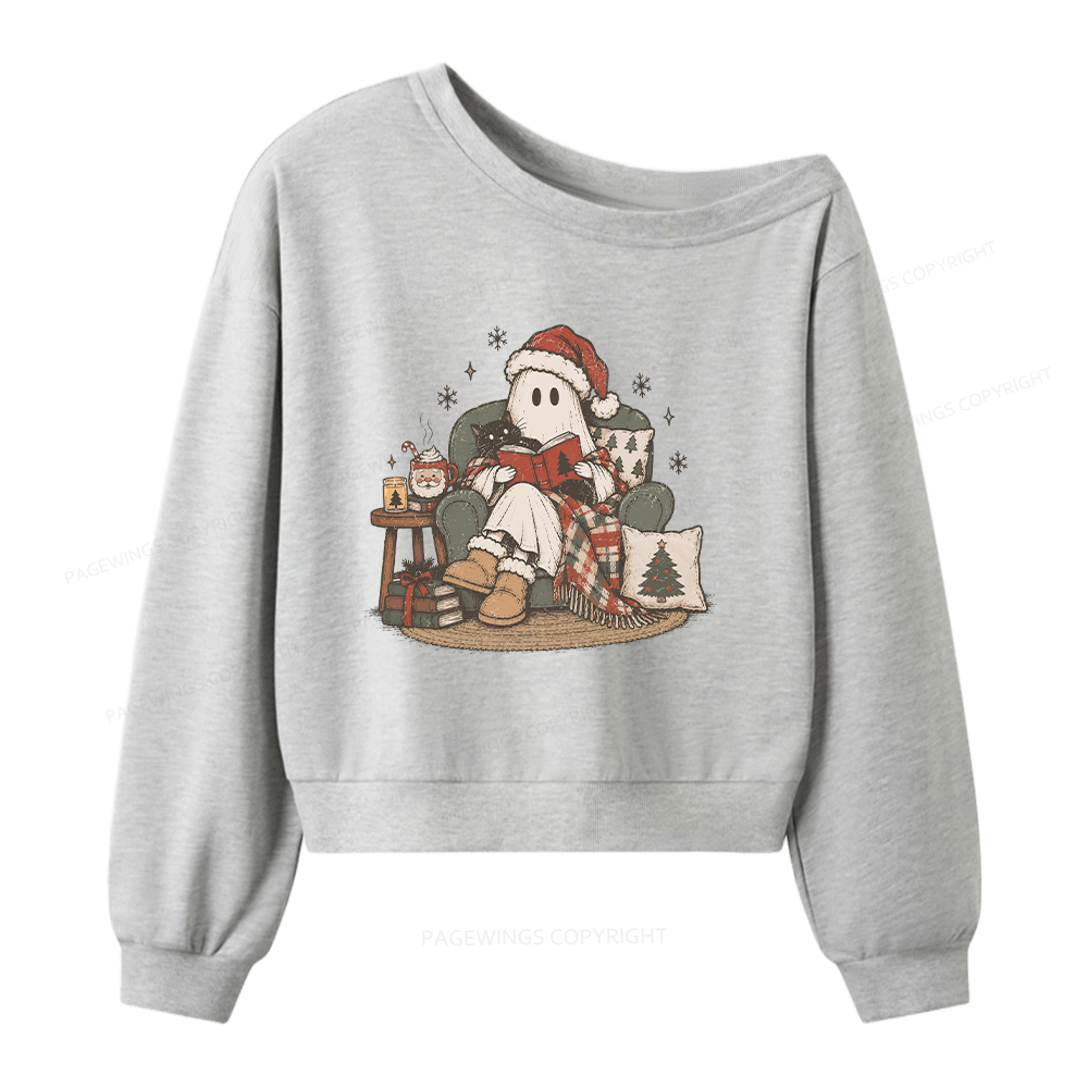 Pagewings Christmas Ghost Reading Women Off Shoulder Sweatshirt