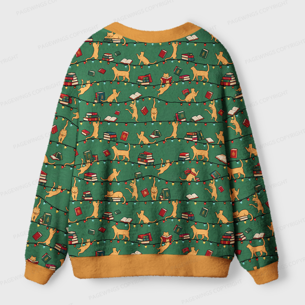 Pagewings Christmas Cat Book Lover Light Knit Unisex Cardigan Sweaters