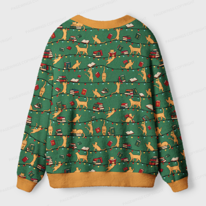 Pagewings Christmas Cat Book Lover Light Knit Unisex Cardigan Sweaters