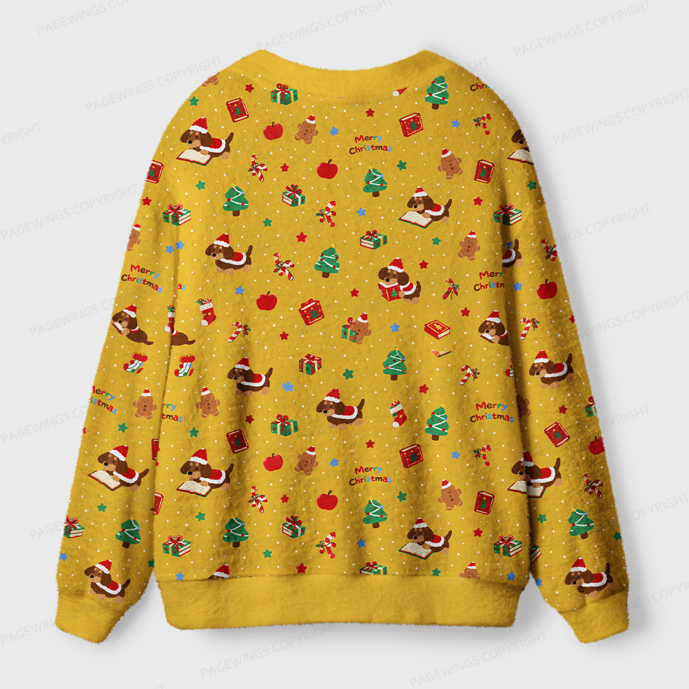 Pagewings Christmas Dog Book Lover Light Knit Unisex Cardigan Sweaters