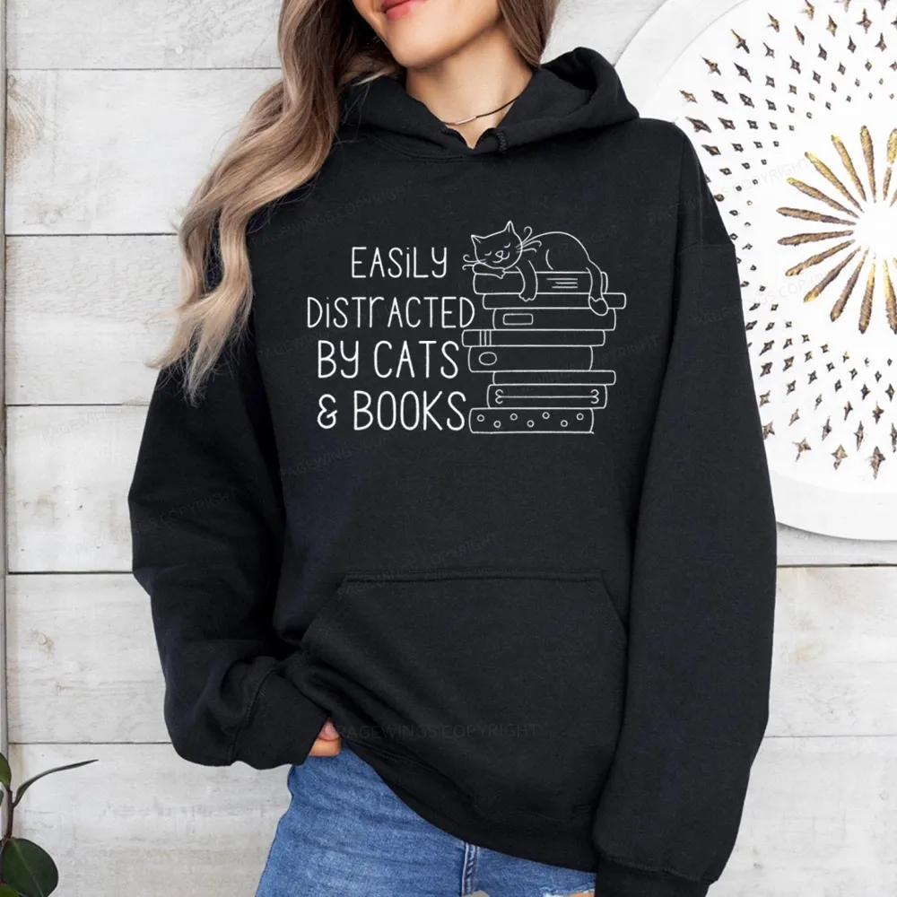 Pagewings Easily Distracted By Cats and Books Unisex  Classic Hoodie
