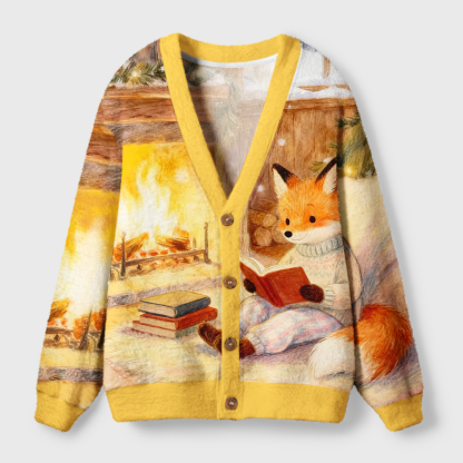 Pagewings Fox Loves Reading Light Knit Unisex Cardigan Sweaters