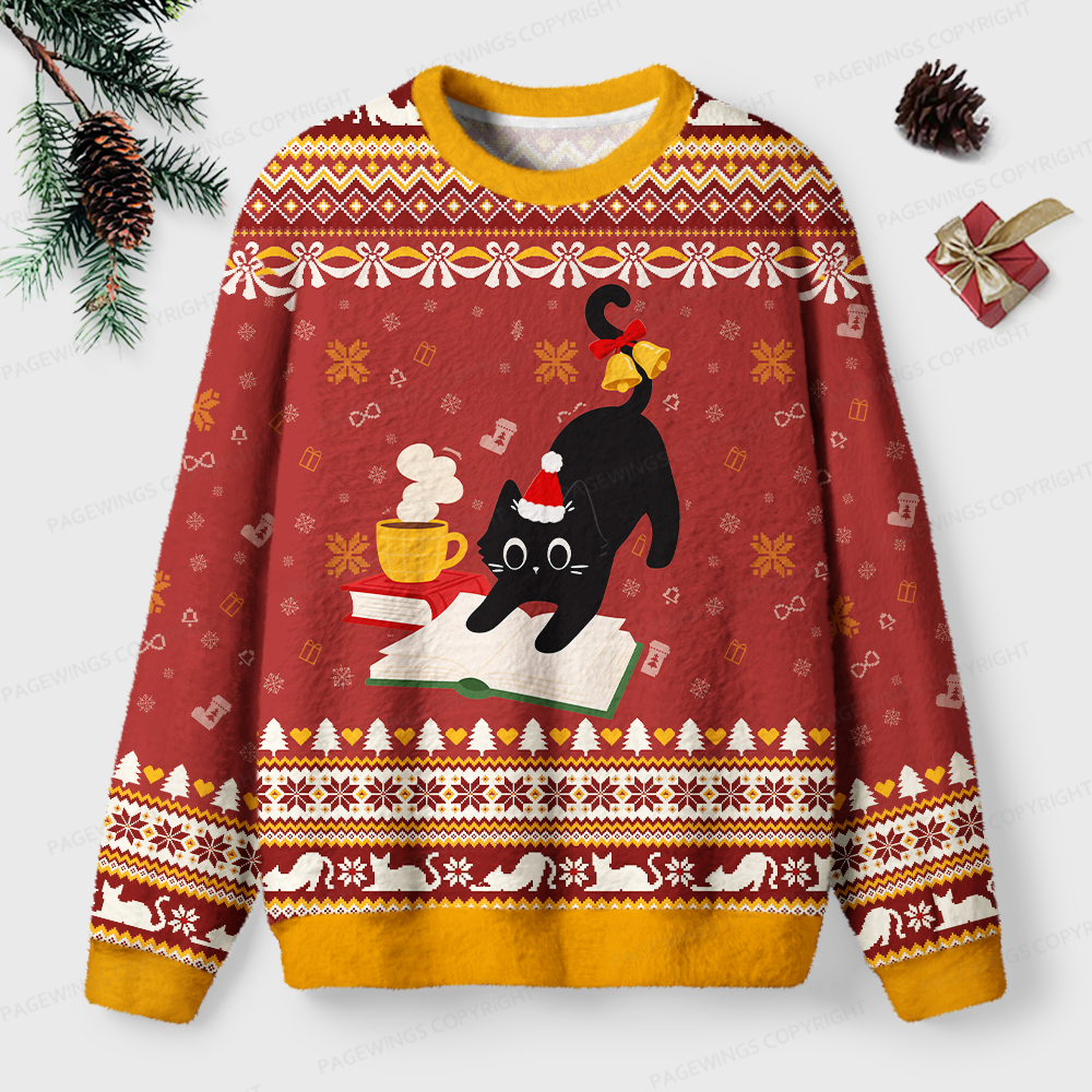 Pagewings Christmas Reading Cat Unisex Ugly Light Knit Sweatshirt