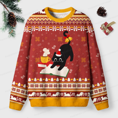 Pagewings Christmas Reading Cat Unisex Ugly Light Knit Sweatshirt