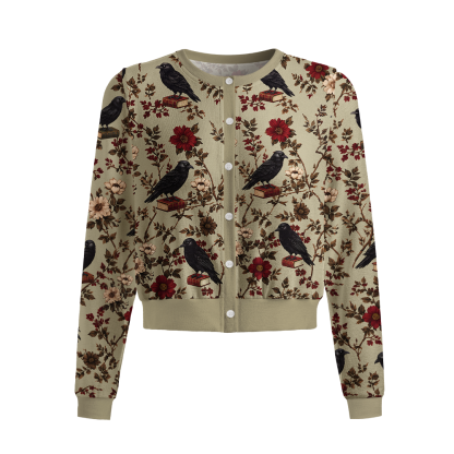 Pagewings Bookish Crow Crew Neck Cardigan Sweaters