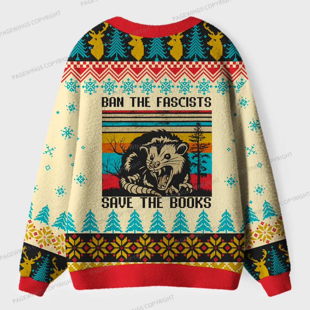 Pagewings Ban The Fascists Save The Books Unisex Ugly Cardigan Sweaters