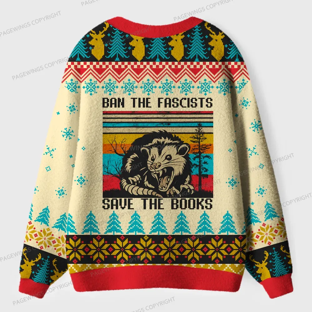 Pagewings Ban The Fascists Save The Books Unisex Ugly Cardigan Sweaters