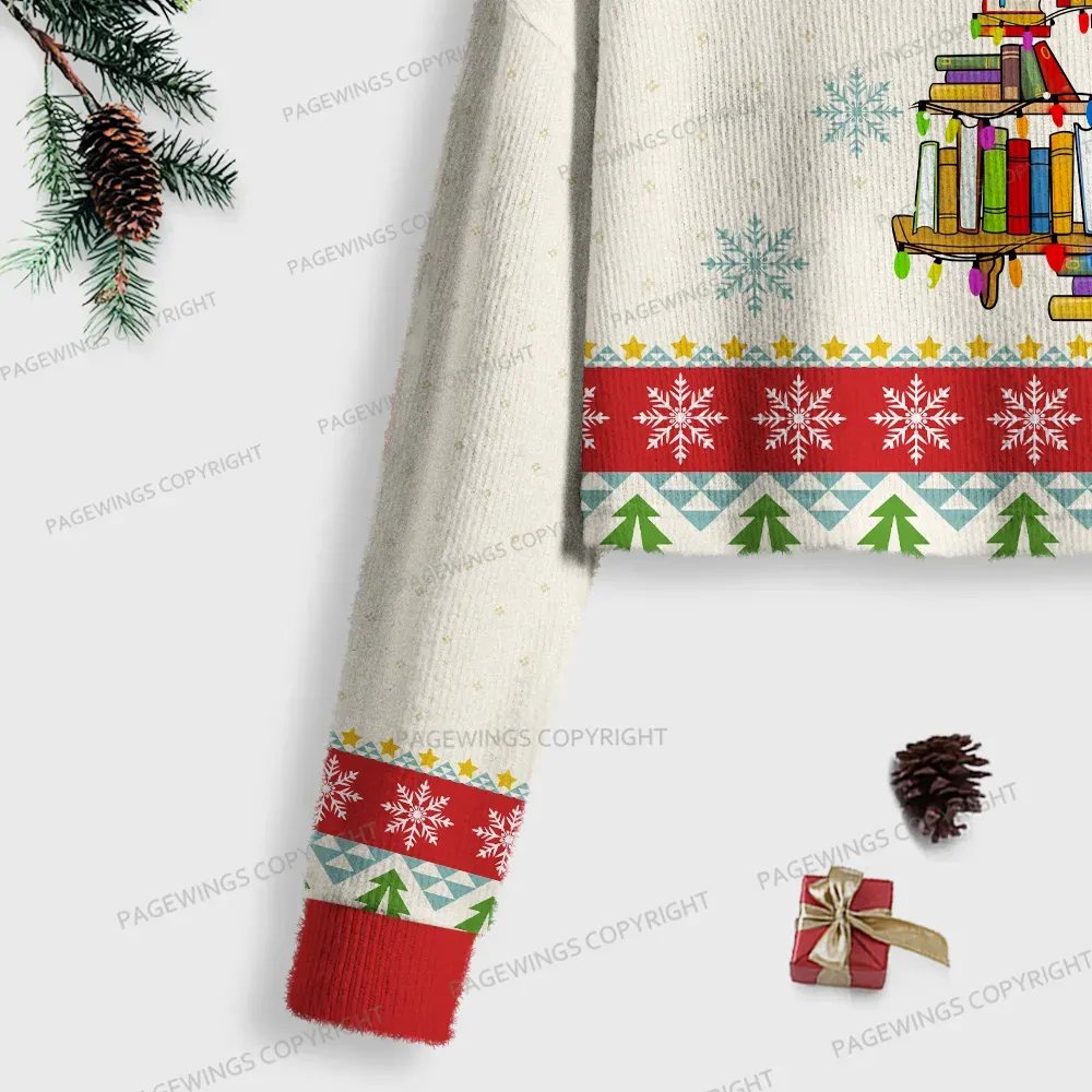 Pagewings Christmas Book Tree Women Ugly Crop Sweatshirt