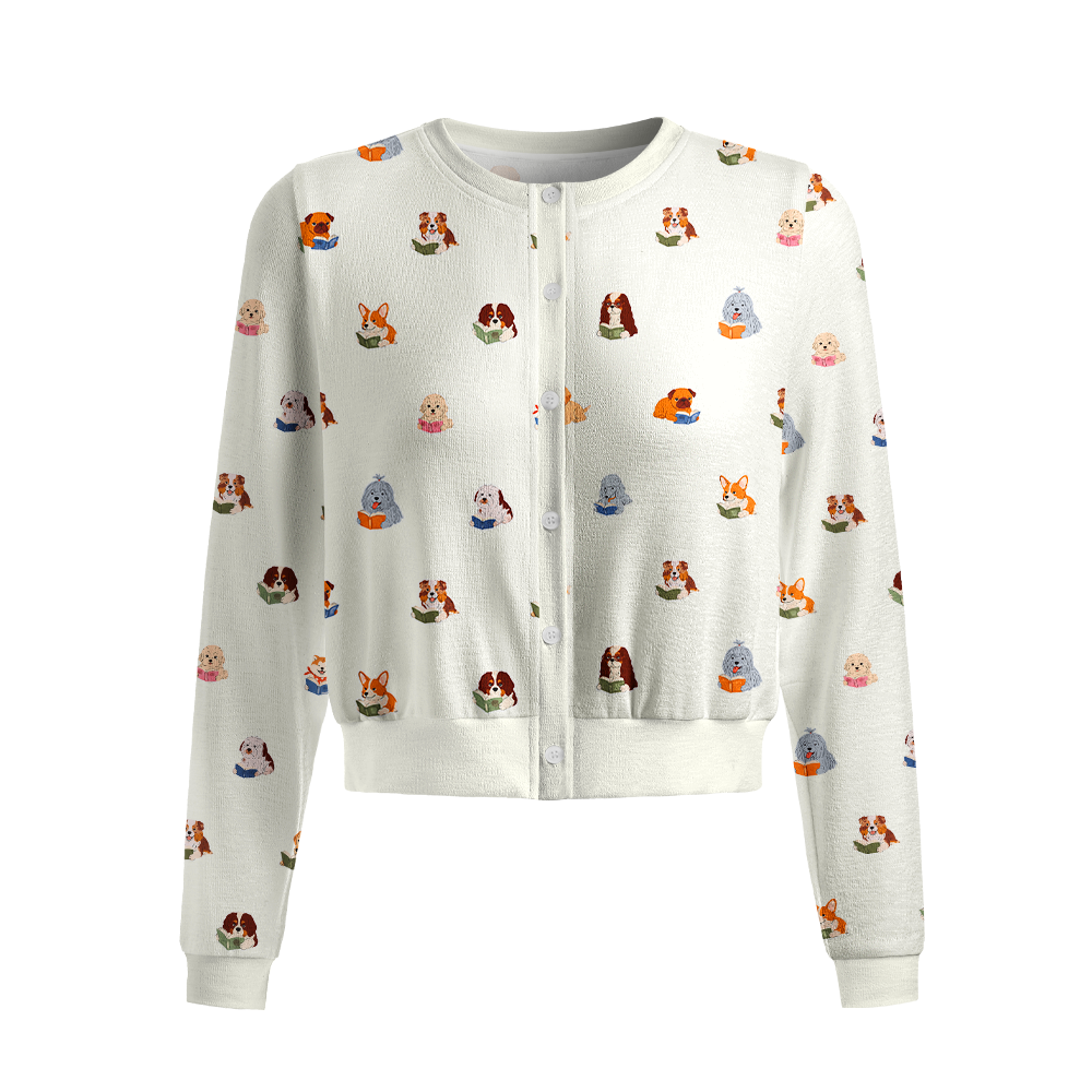 Pagewings Dog Book Lover Crew Neck Cardigan Sweaters