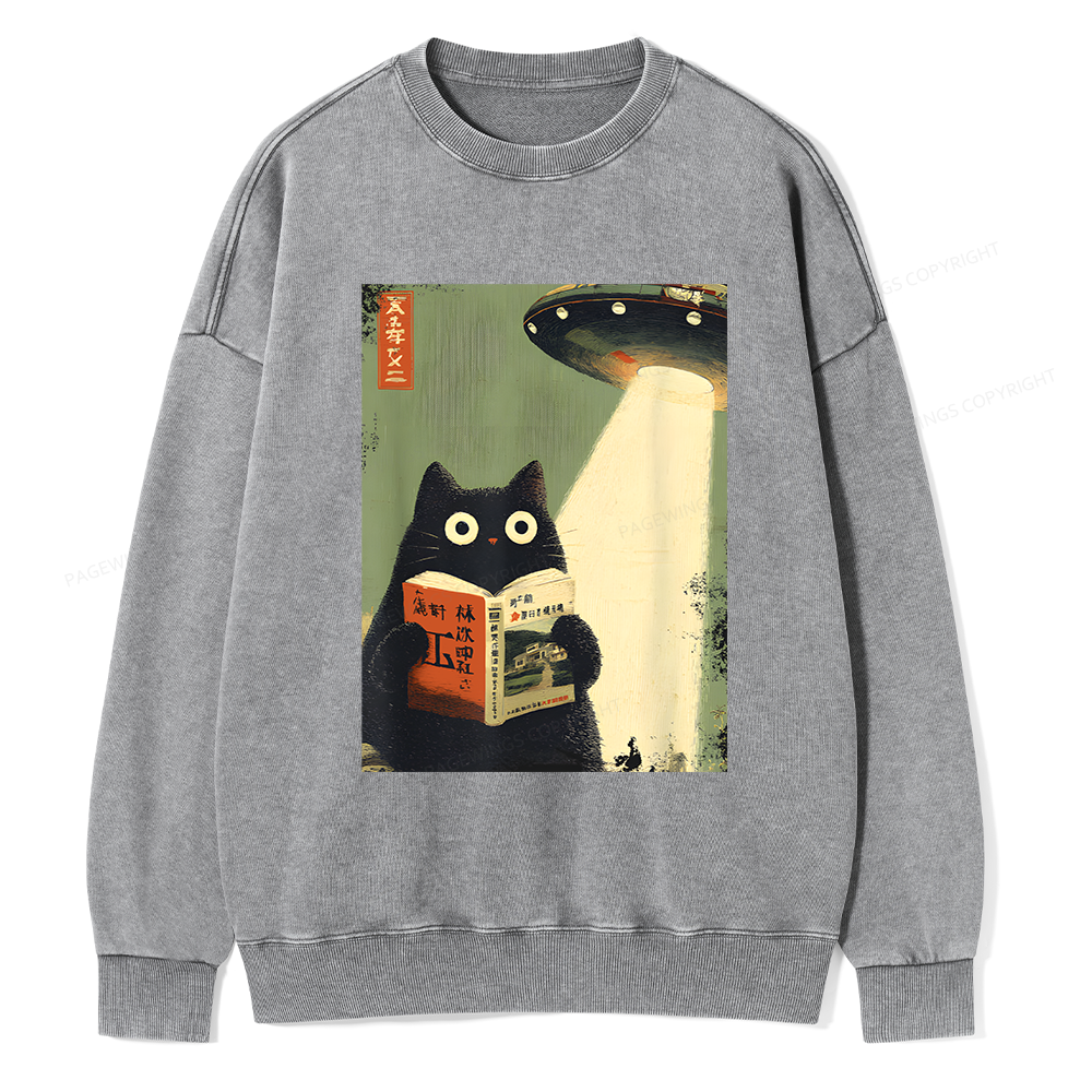 Pagewings Cat Book Lovers Unisex Washed Sweatshirt