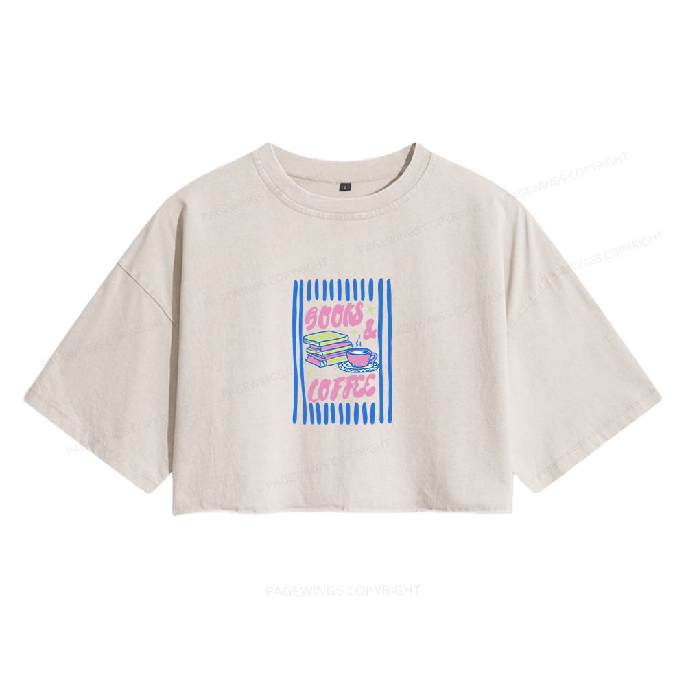 Pagewings Books and Coffee Women's Washed Cropped T-shirt