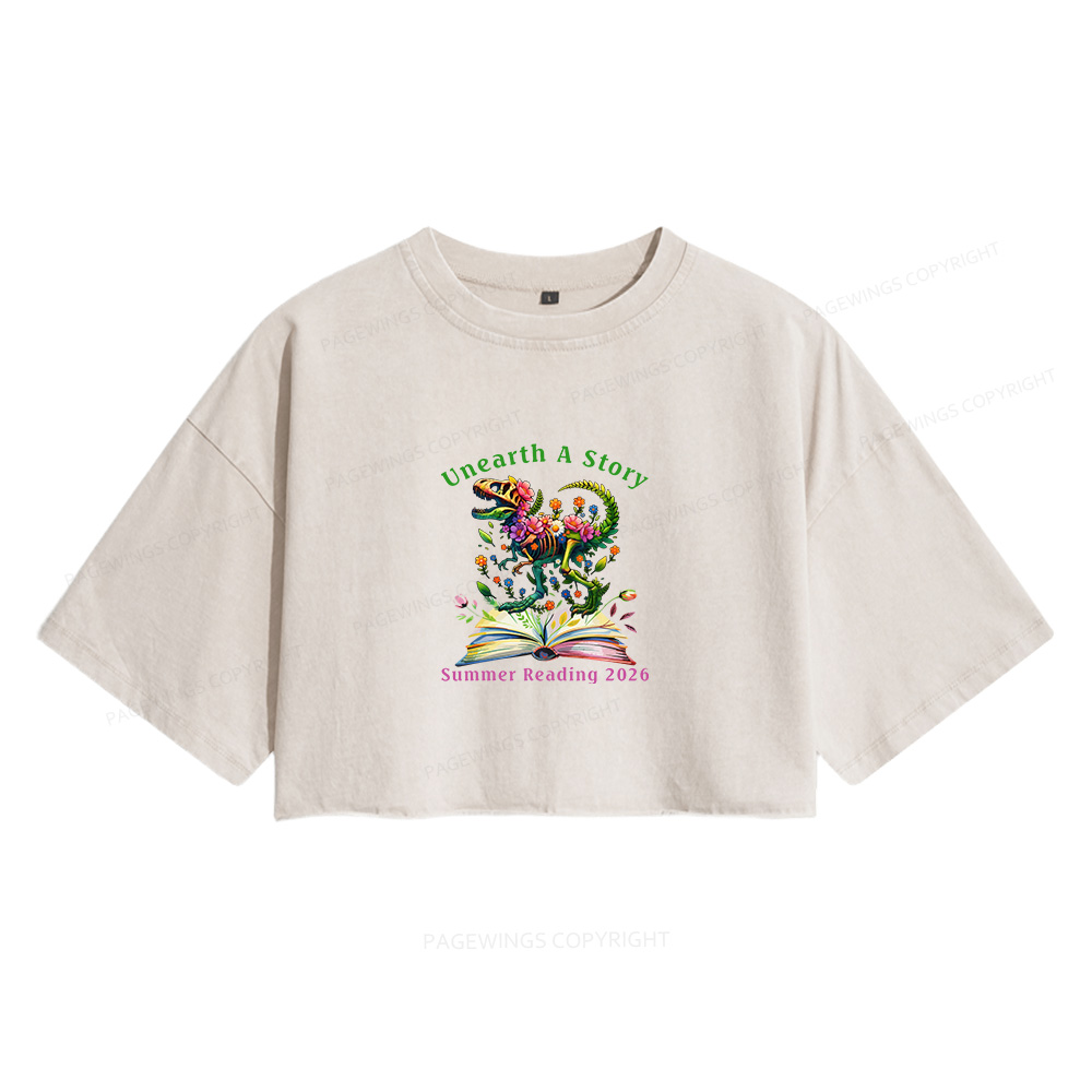 Pagewings Unearth A Story Summer Reading Women's Washed Cropped T-shirt