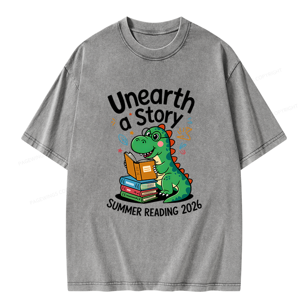 Pagewings Unearth a Story Dinosaur Summer Reading 2026 Unisex Washed T-shirt