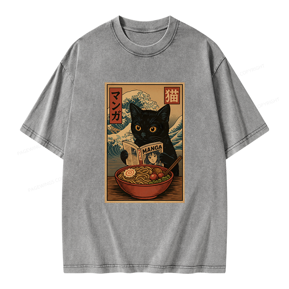 Pagewings Cat Reading Unisex Washed T-shirt