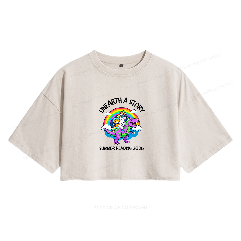 Pagewings Unearth A Story Summer Reading Women's Washed Cropped T-shirt