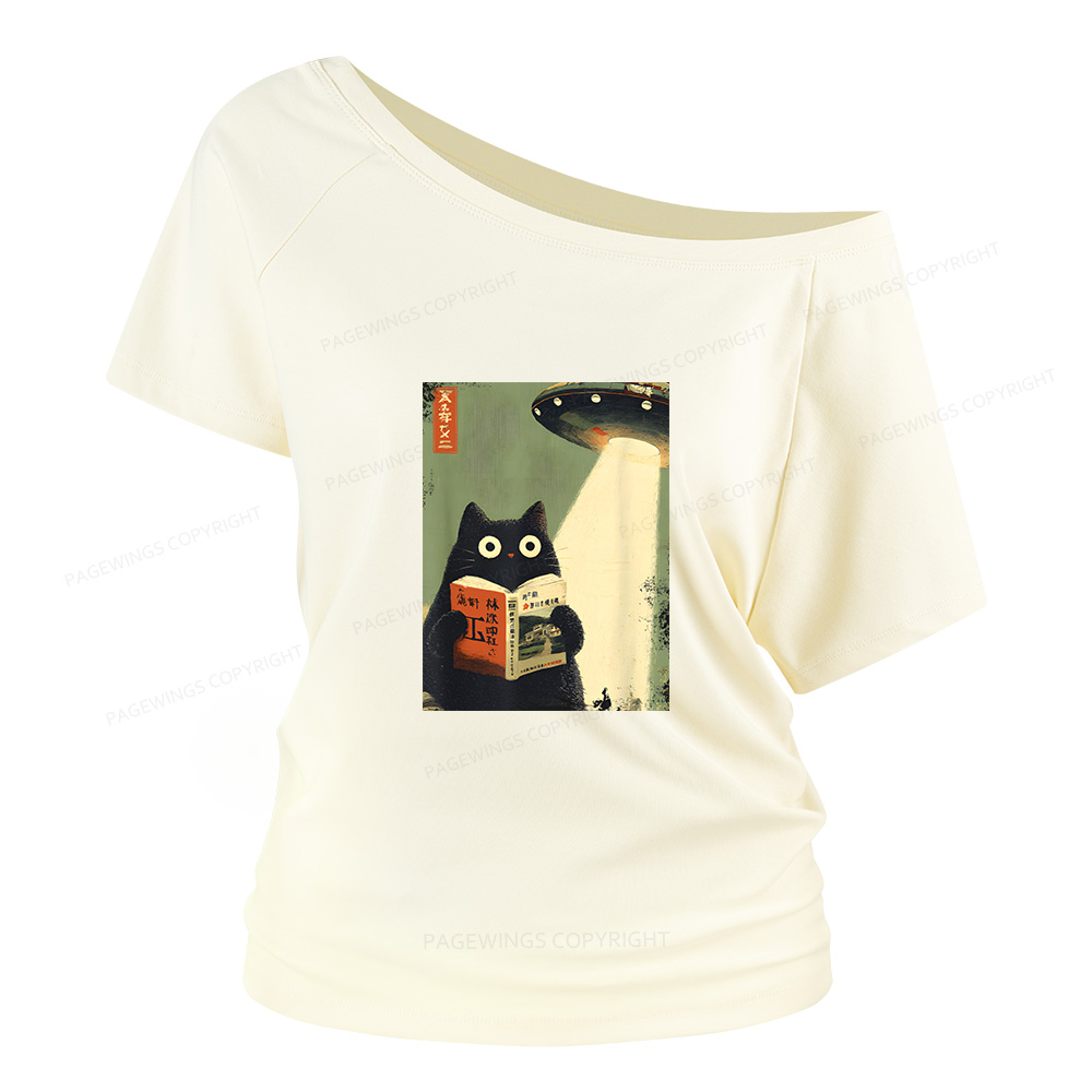 Pagewings Vintage Japanese Cat Book Lovers Women Off Shoulder T-shirts