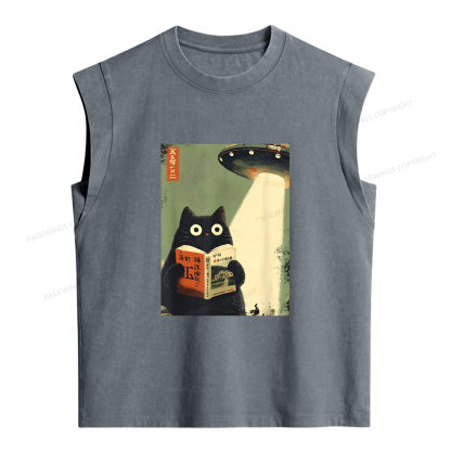 Pagewings Vintage Japanese Cat Book Lovers Women's Washed Tank Top
