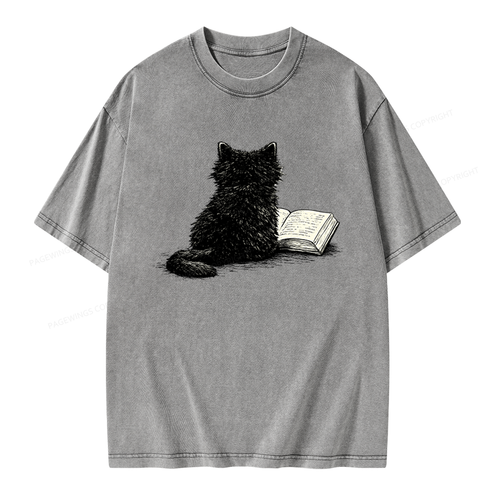 Pagewings Reading Cat Book Lover Unisex Washed T-shirt