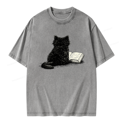 Pagewings Reading Cat Book Lover Unisex Washed T-shirt