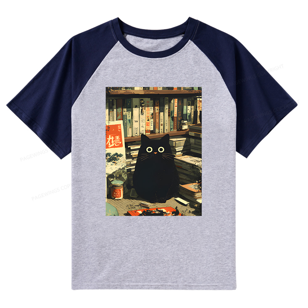 Pagewings Vintage Japanese Cat Book Lovers Raglan T-shirt