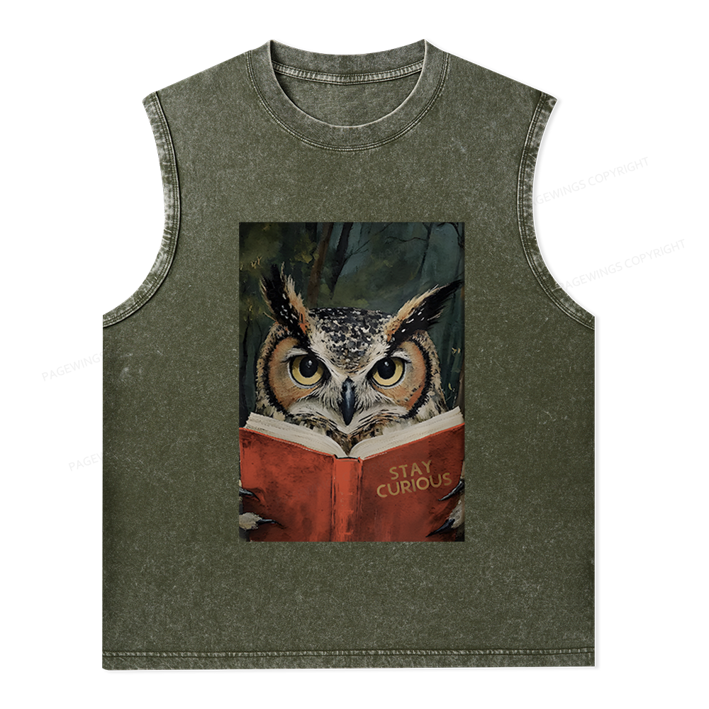 Pagewings Owl Reading Unisex Washed Tank Top