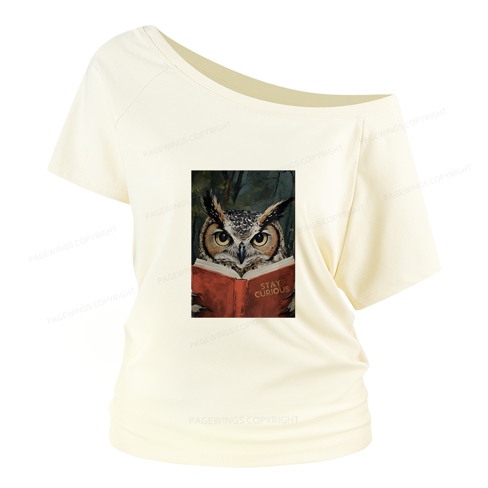 Pagewings Owl Reading Women Off Shoulder T-shirts
