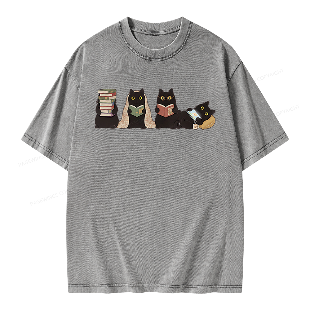 Pagewings Black Cats Reading Unisex Washed T-shirt