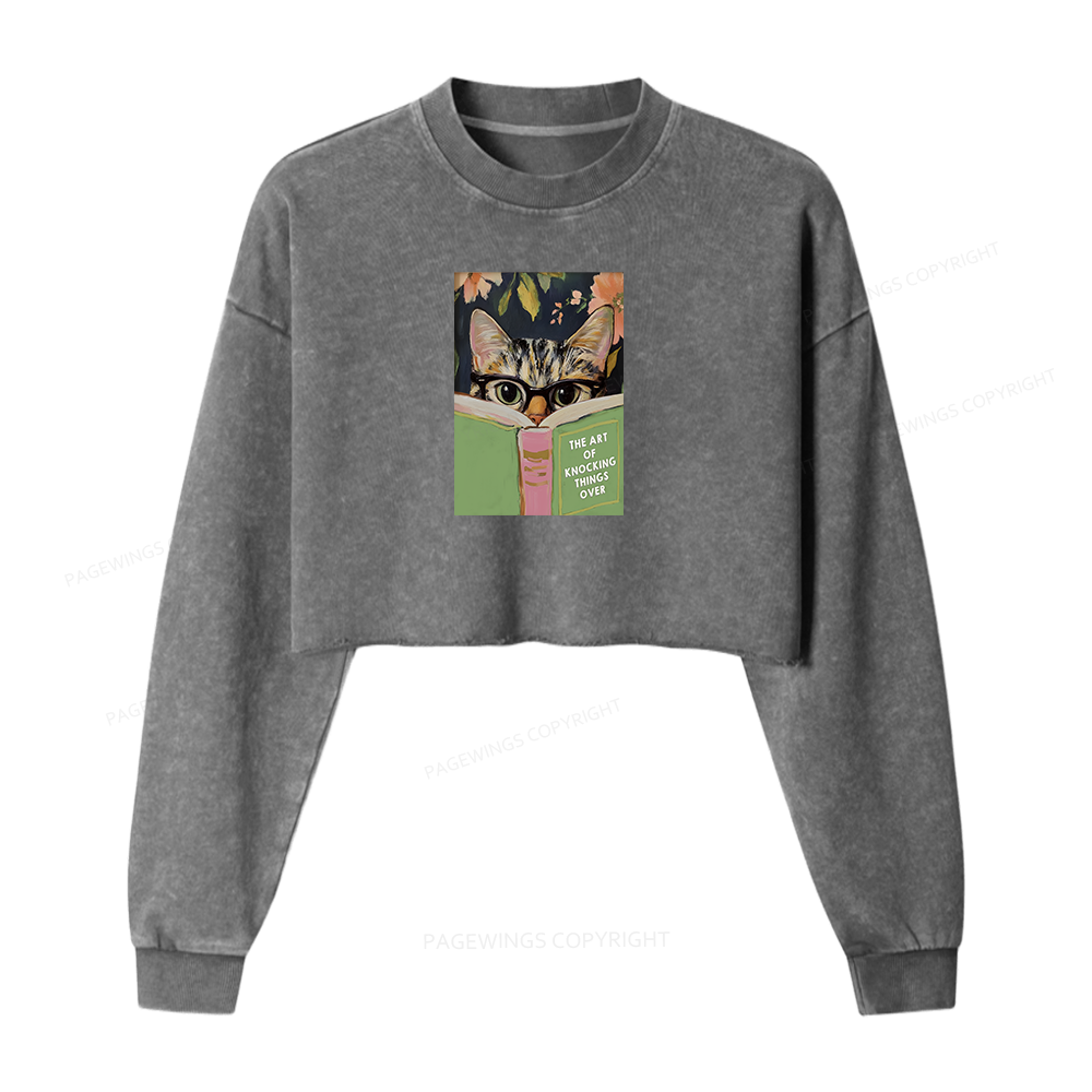 Pagewings Cat Reading Washed Crop Sweatshirt