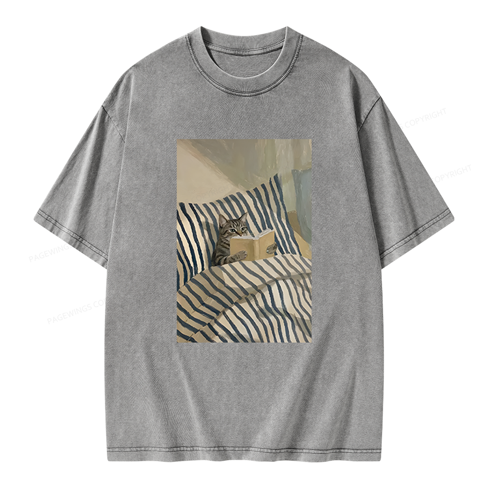 Pagewings Cat Reading Book In Bed Unisex Washed T-shirt