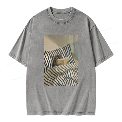 Pagewings Cat Reading Book In Bed Unisex Washed T-shirt