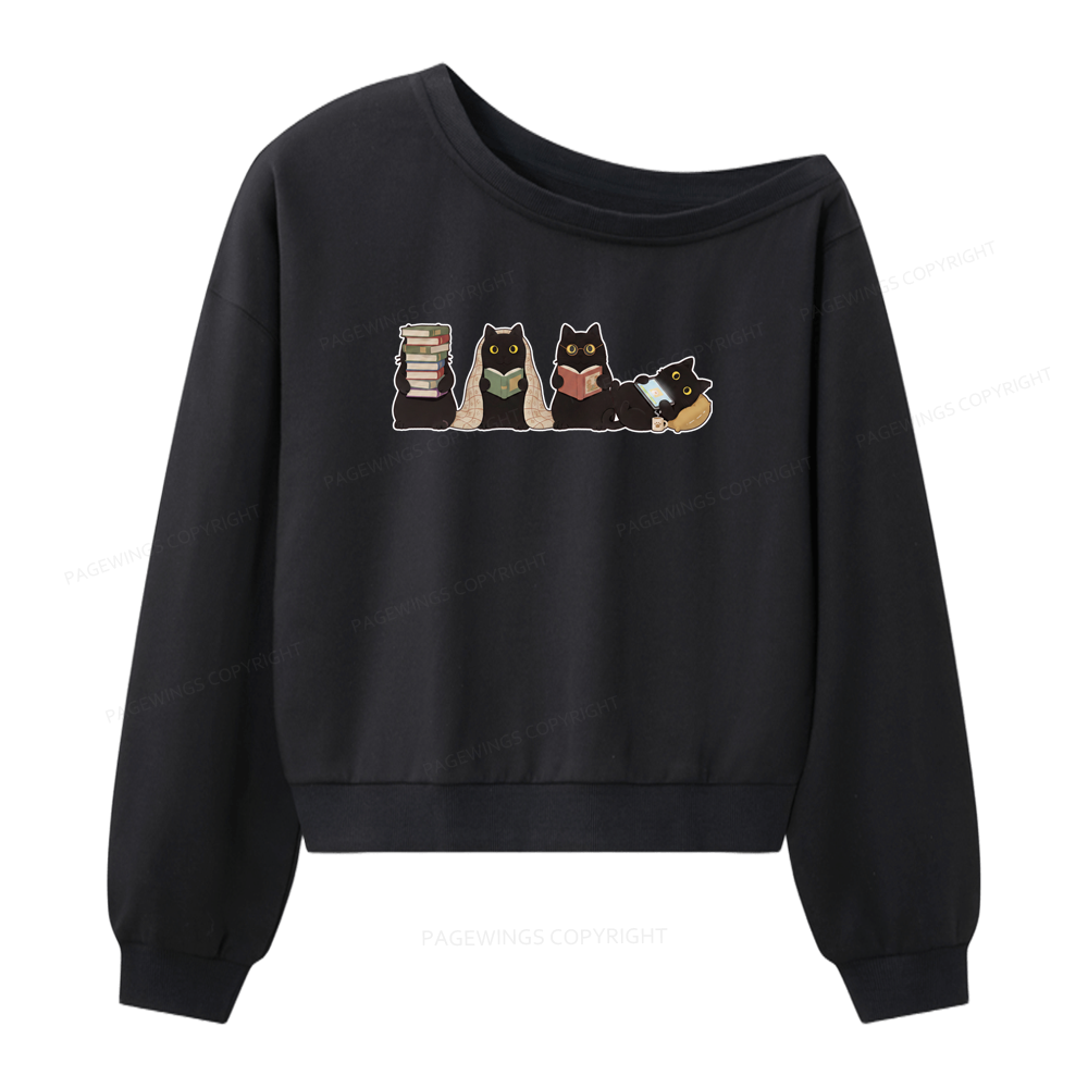Pagewings Black Cats Reading Women Off Shoulder Sweatshirt