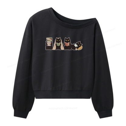 Pagewings Black Cats Reading Women Off Shoulder Sweatshirt