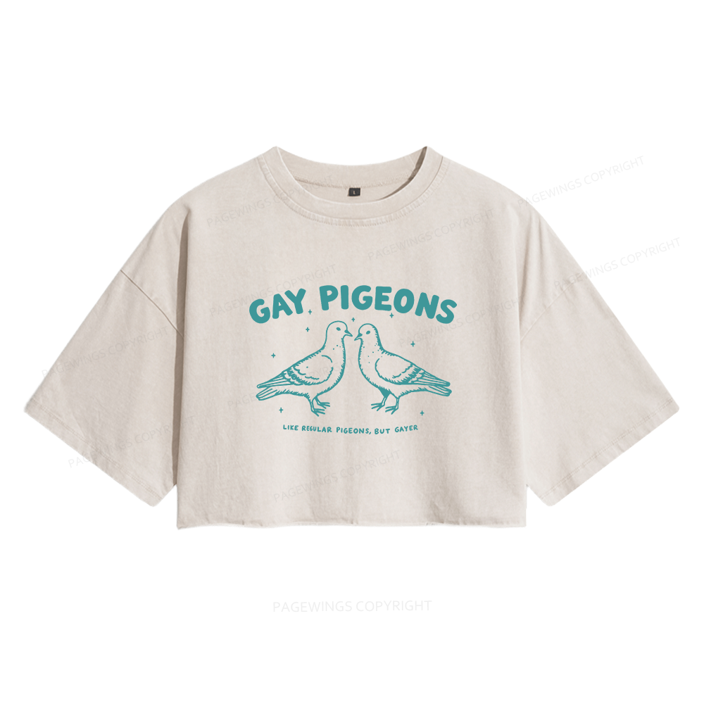 Pagewings Gay Pigeons Women's Washed Cropped T-shirt