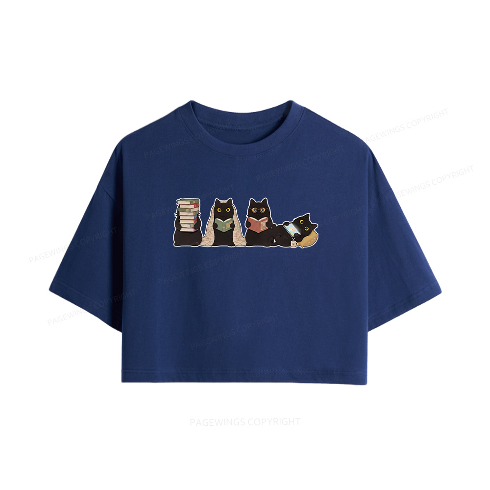 Pagewings Black Cats Reading Women Crop Tops