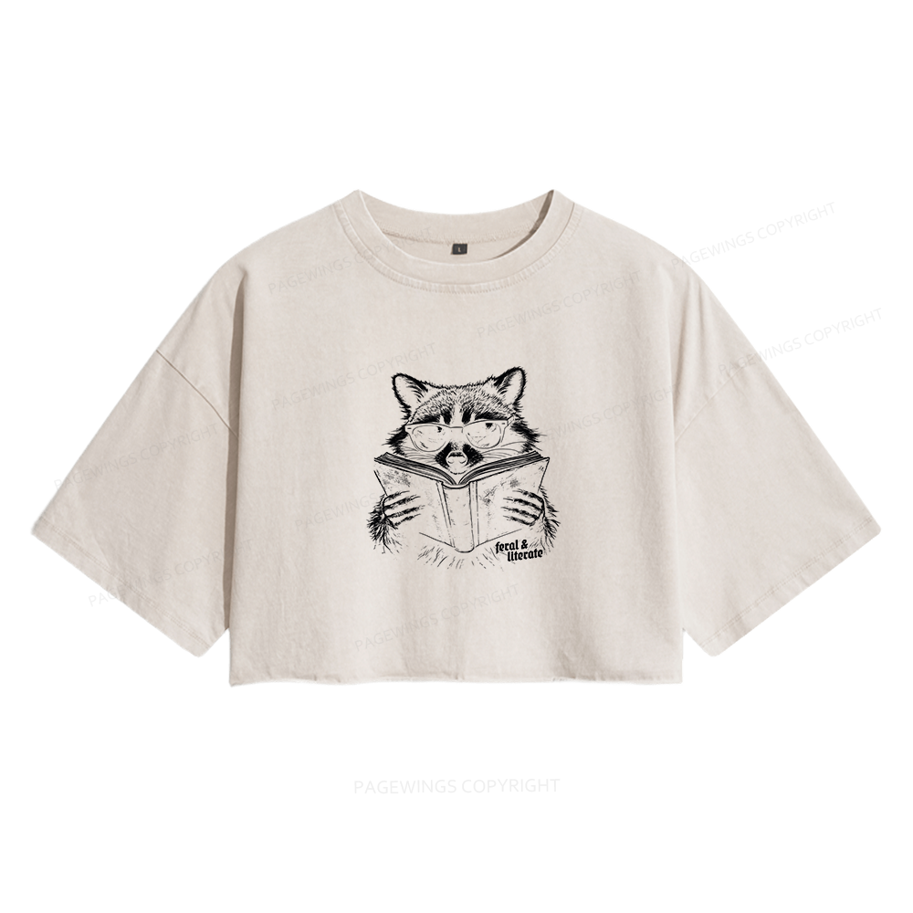 Pagewings Funny Raccoon Women's Washed Cropped T-shirt