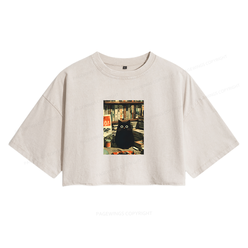 Pagewings Vintage Cat Book Lovers  Women's Washed Cropped T-shirt