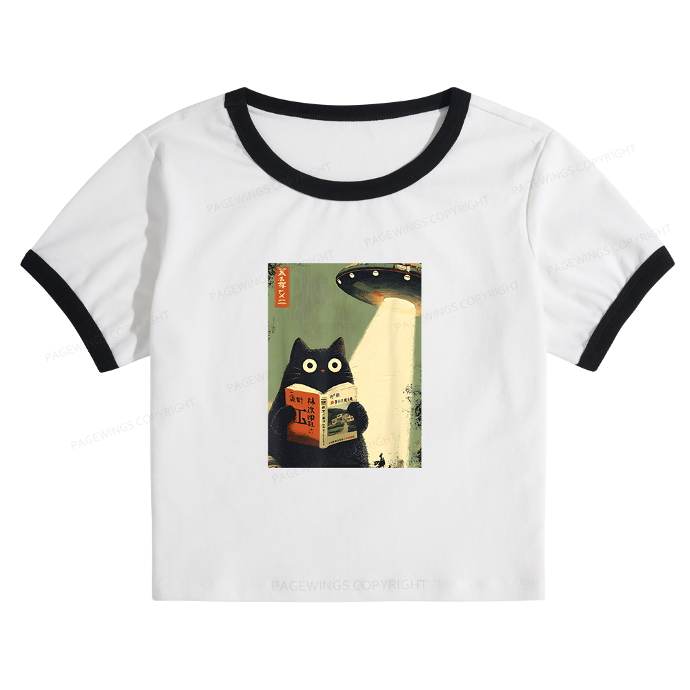 Pagewings Vintage Cat Book Lovers Baby Tee Crop Ringer T-Shirt