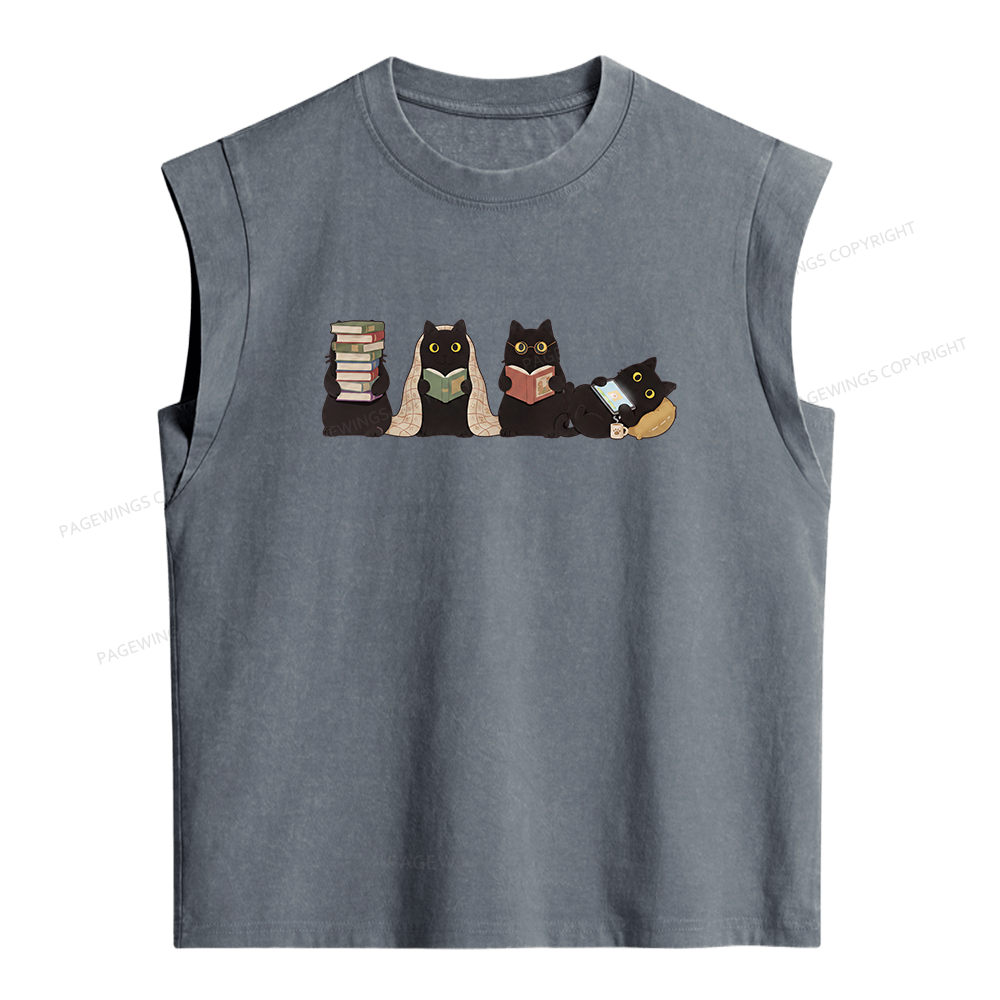 Pagewings Black Cats Reading Women's Washed Tank Top