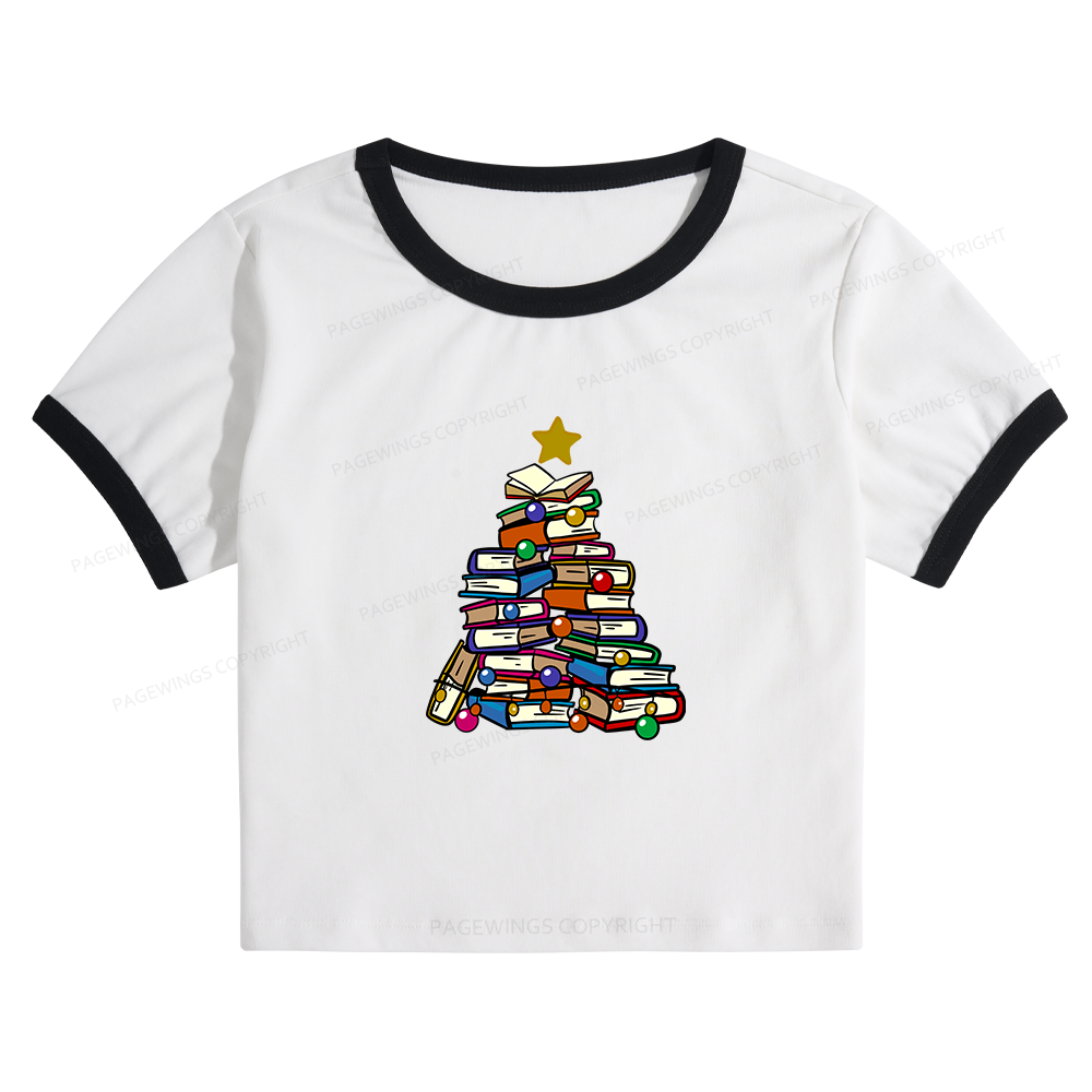 Pagewings Christmas Tree Bookworm Baby Tee Cropped Ringer T-Shirt 