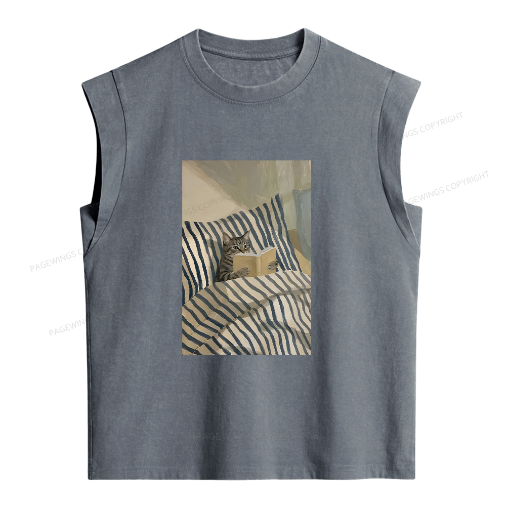 Pagewings Cat Reading Book In Bed Women's Washed Tank Top