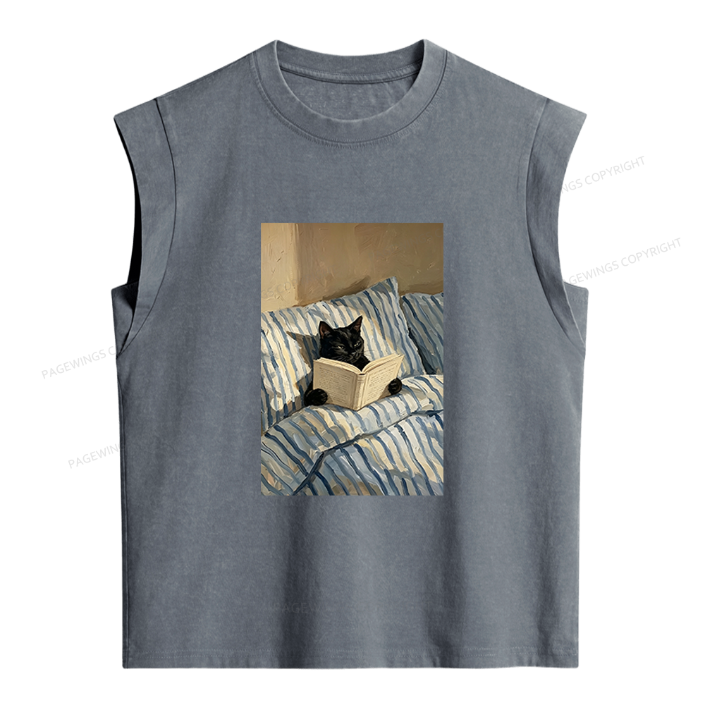 Pagewings Black Cat Reading in Bed Women's Washed Tank Top