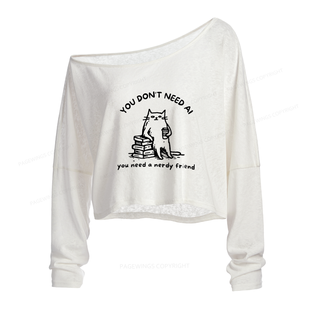 Pagewings Funny Cat Doodle Anti AI Slouchy Long Sleeve Off Shoulder T-shirt