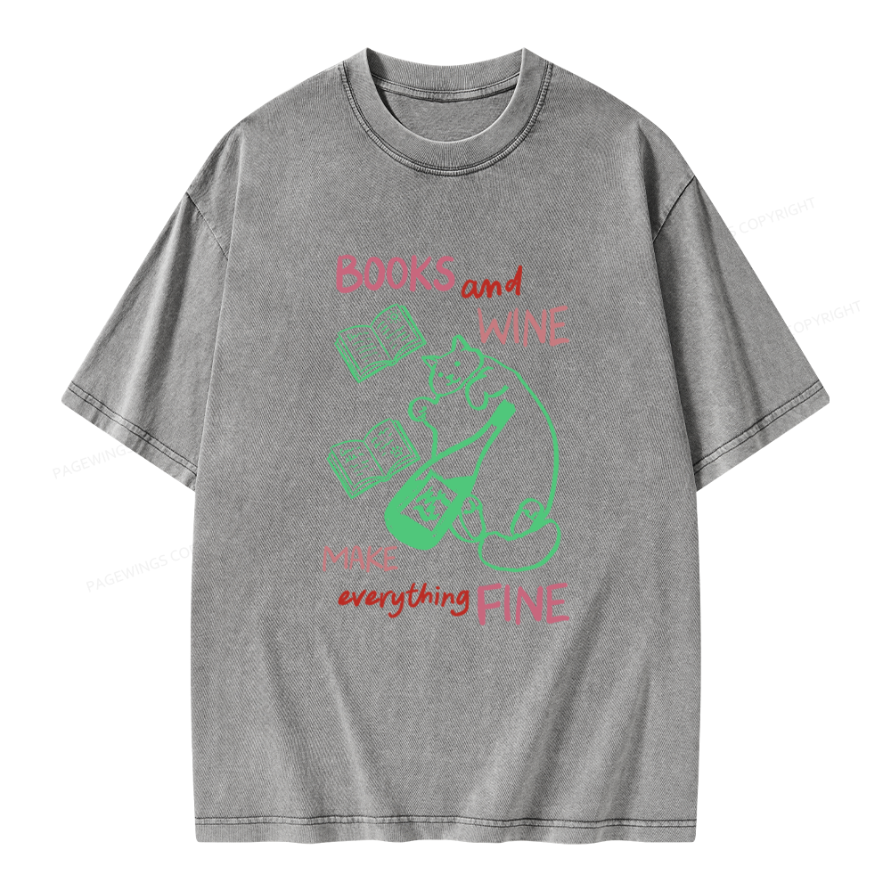 Pagewings Books And Wine Unisex Washed T-shirt