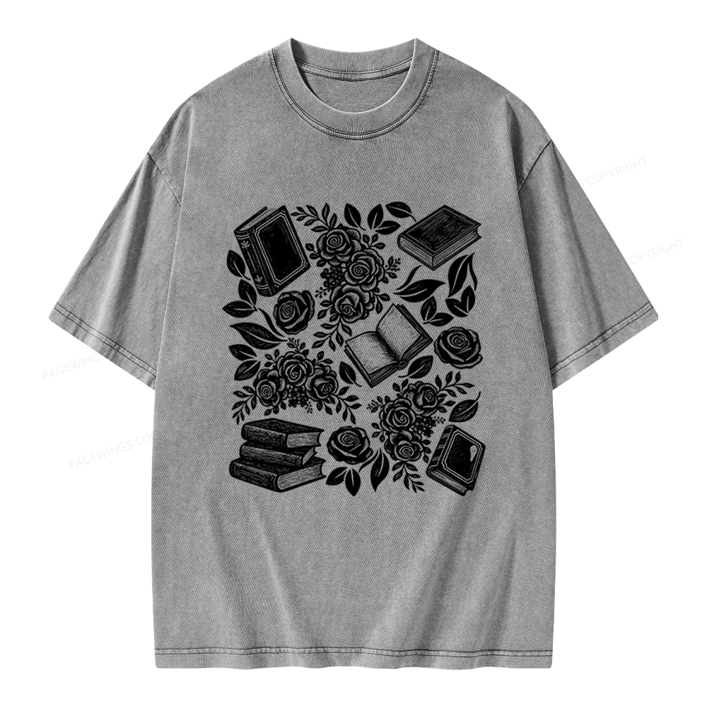 Pagewings Books and Flowers Unisex Washed T-shirt