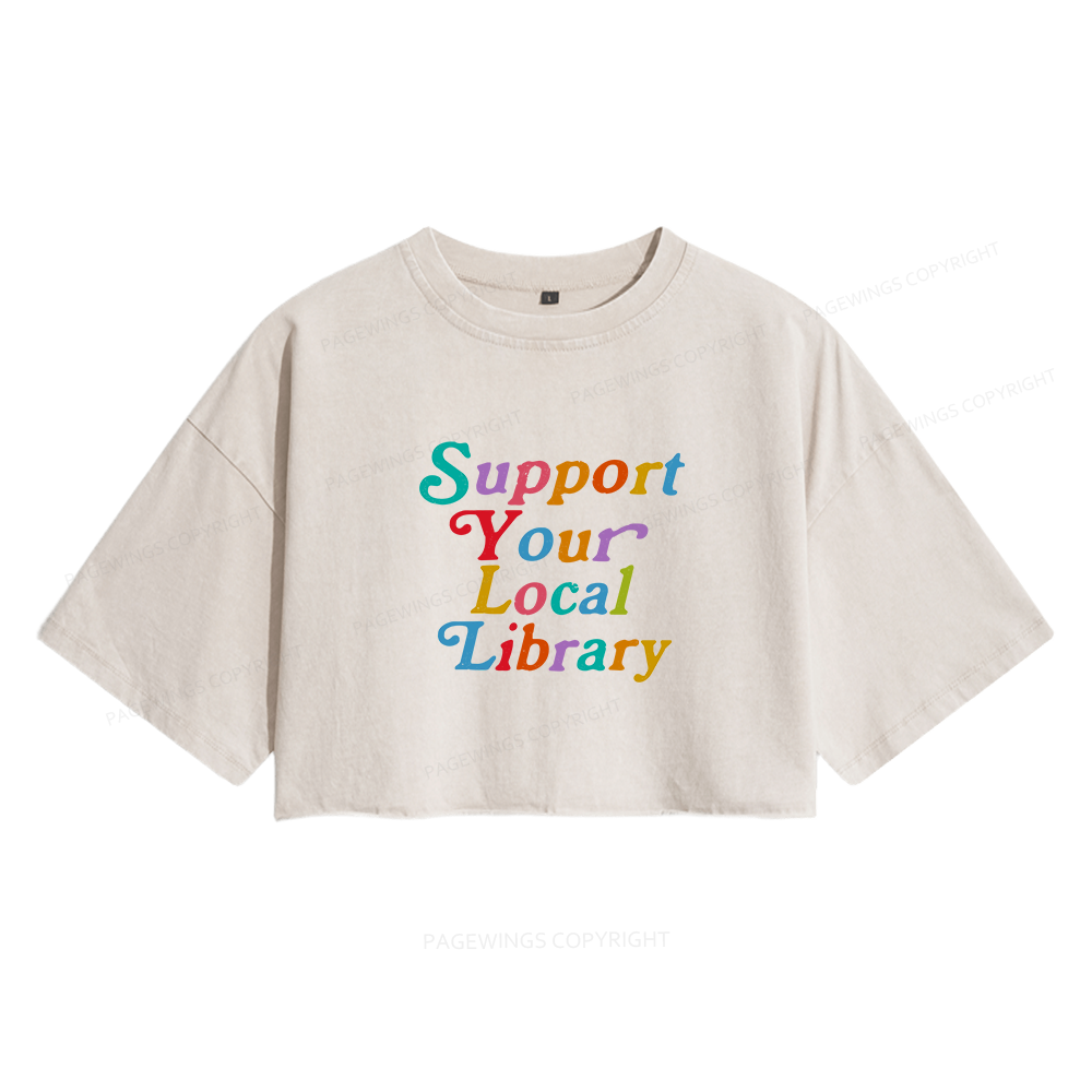 Pagewings Support Your Local Library Women's Washed Cropped T-shirt