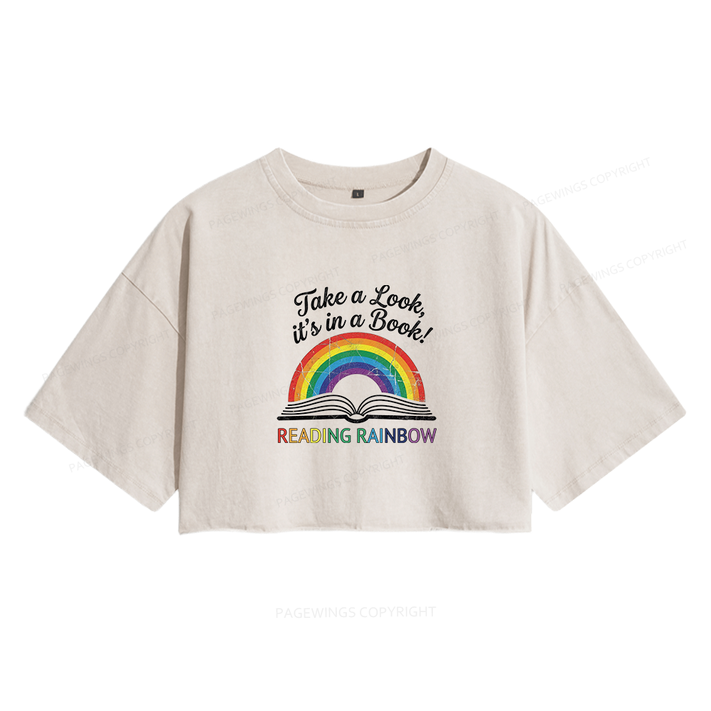 Pagewings Reading With Rainbow Women's Washed Cropped T-shirt