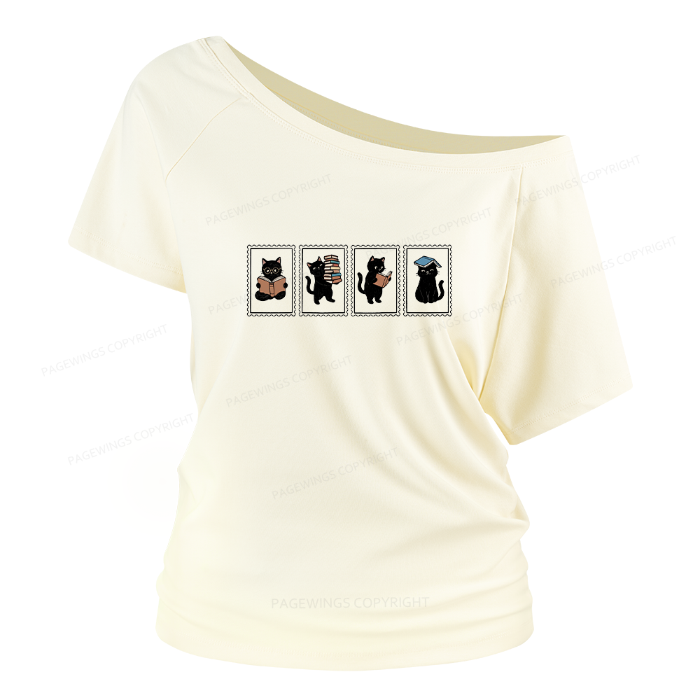 Pagewings Black Cats and Books Women Off Shoulder T-shirts