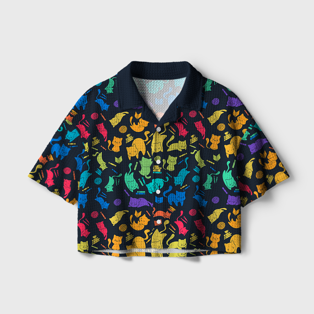 Pagewings Book Cat Lover Camp Collar Boxy Fit Unisex Crochet Shirt